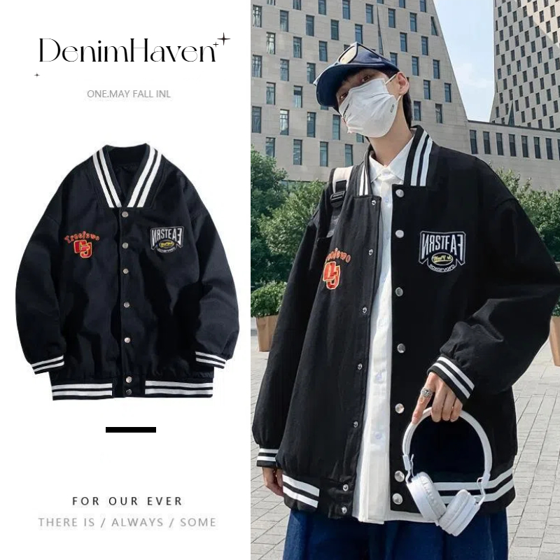 🔥D.H🔥 แจ็คเก็ตเบสบอลชาย สไตล์ย้อนยุคอเมริกัน พิมพ์ตัวอักษร หลวม ลำลอง ทันสมัย ​​อเนกประสงค์ แจ็คเก็ตแบบยูนิเซ็กซ์ S-3XL