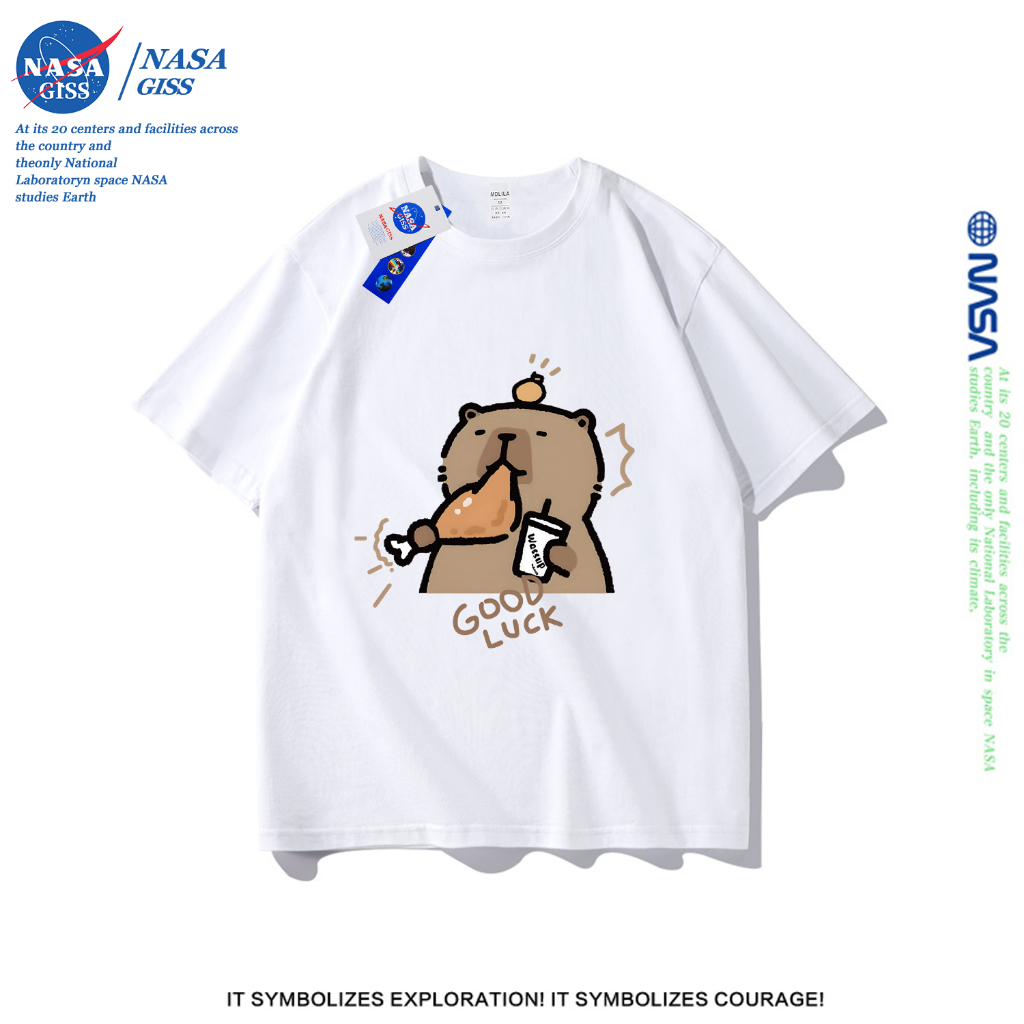 NASA เสื้อยืดชายหญิงแขนสั้น สตรีทฮิปฮอป summer คาปิบาร่า พิมพ์ลาย คอตตอน คอกลม หลวมและระบายอากาศ