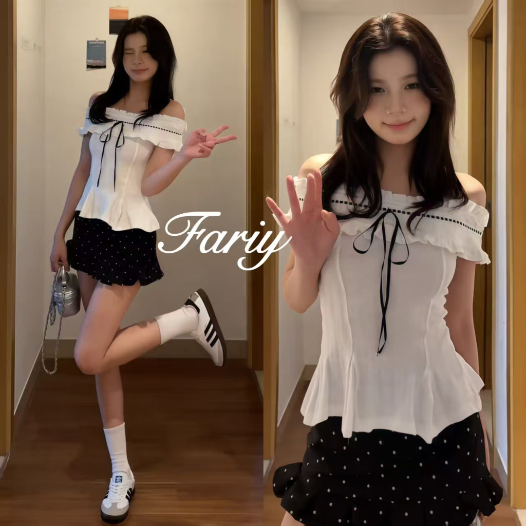 Fariy คลังสินค้าพร้อม เสื้อยืดไหล่เดียวสไตล์ฝรั่งเศสโรแมนติกสำหรับผู้หญิงในช่วงฤดูร้อนปี 2025 ทรงเข้ารูปพอดีตัวพร้อมโบว์สั้นเทรนด์ใหม่ล่าสุดสำหรับสาวๆ