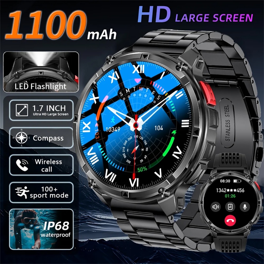 ใหม่ 1100mAh แบตเตอรี่กีฬากลางแจ้ง SmartWatch ผู้ชายไฟฉาย LED ข้อความ Push Heart Rate IP68 กันน้ําไร