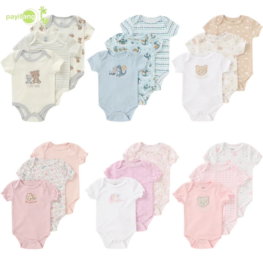 PAYI BABY-3 ชิ้น เด็กทารกน่ารักสาว ทารกแรกเกิดแขนสั้น ผ้าฝ้ายนุ่มบอดี้สูท