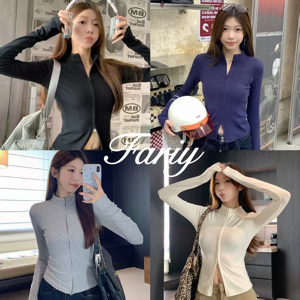 Fariy🍒คลังสินค้าพร้อม🍒 เสื้อยืดคอตั้งแขนยาวดีไซน์สาวฮอต ซิปคู่ สำหรับผู้หญิง ช่วงตัวสั้นเข้ารูปช่วงบนและเสื้อตัวล่าง