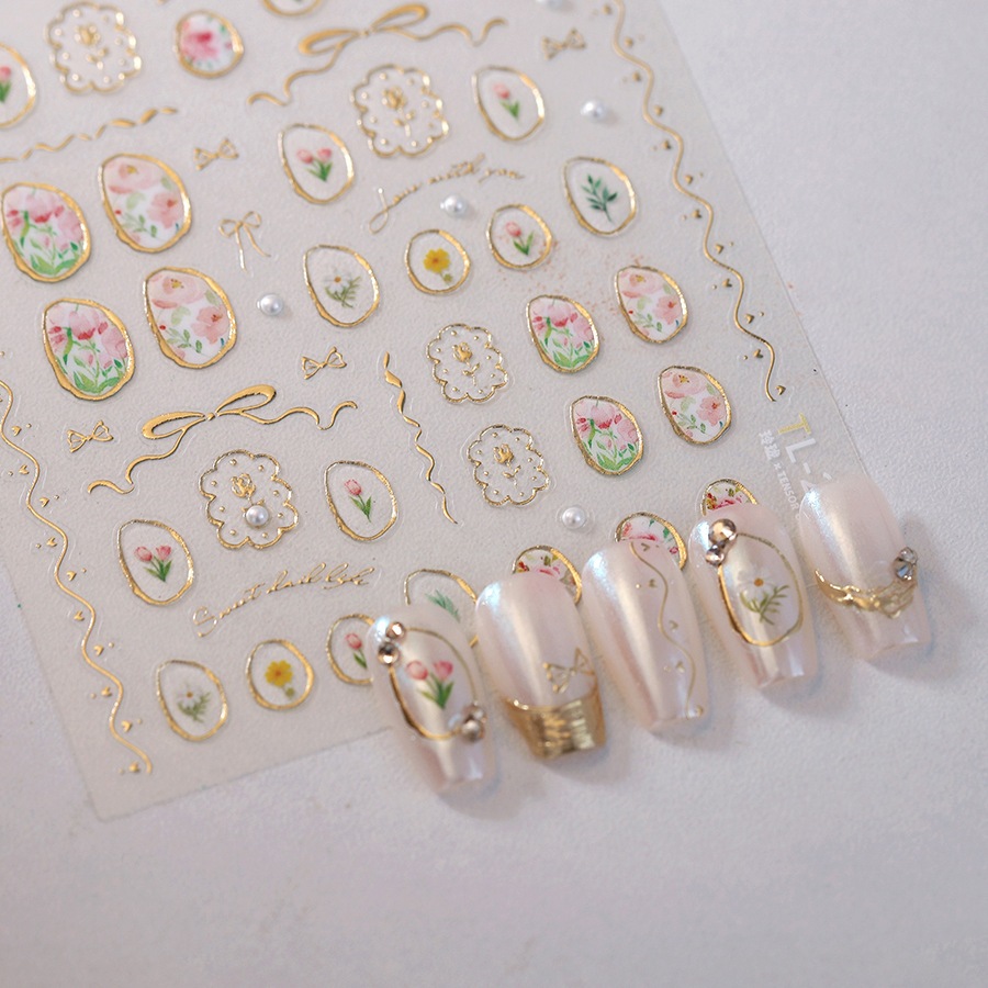 สติ๊กเกอร์ติดเล็บ ตกแต่งเล็บ 5D Emboss ดอกไม้ขอบทอง โบว์มุก ทิวลิป แฟนซี Nibirudu