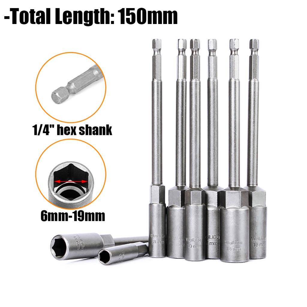 1/4 "Shank 30mm Deep Nut Driver 6mm - 19mm Hex Allen Bit Key Sockets 150mm ยาว
