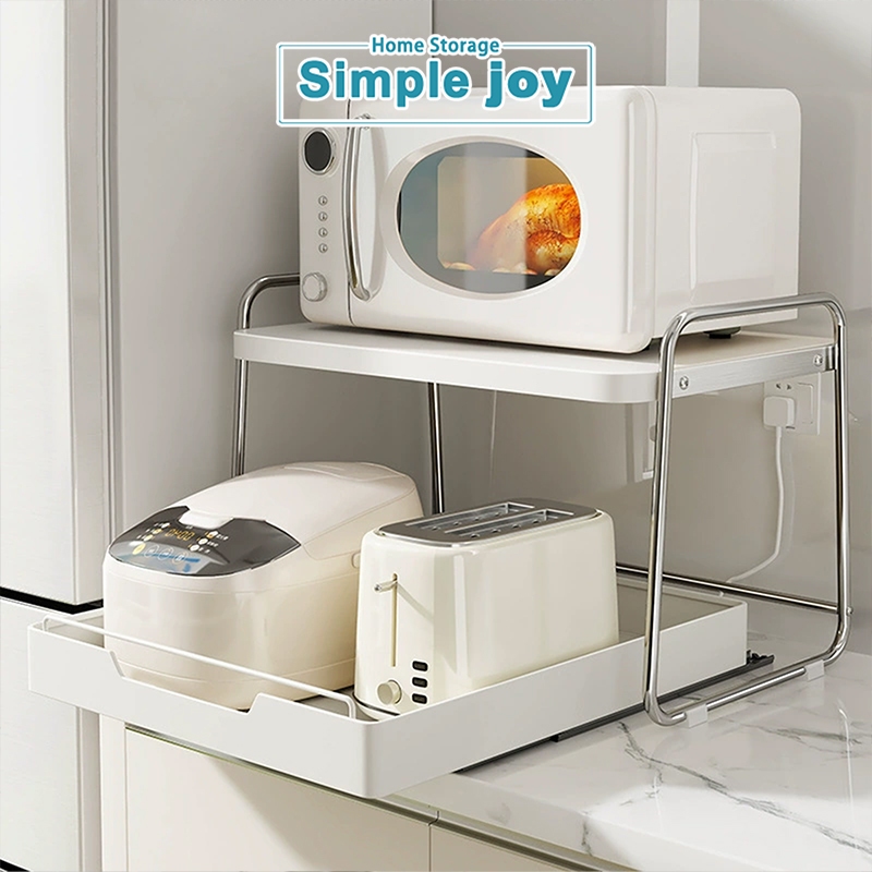 Simplejoy ชั้นวางเตาอบไมโครเวฟ สแตนเลส พร้อมตะกร้าดึงออก ชั้นเก็บของในครัว