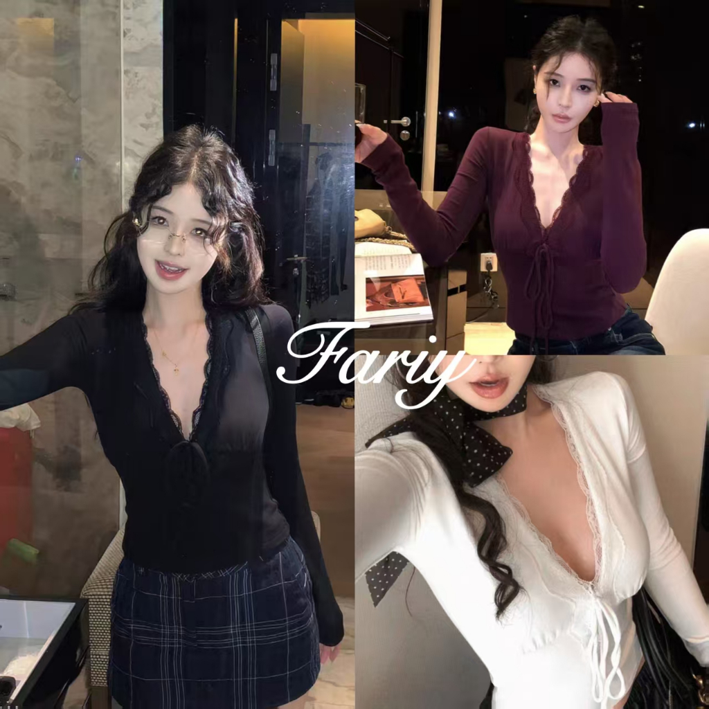Fariy🍒คลังสินค้าพร้อม🍒 เสื้อกั๊กลูกไม้แขนยาวสีขาวสำหรับผู้หญิง สไตล์ฤดูใบไม้ร่วงใหม่ปี 2025 อารมณ์เรียบง่ายแบบฝรั่งเศส บริสุทธิ์และเซ็กซี่ เสื้อตัวสั้นอเนกประสงค์