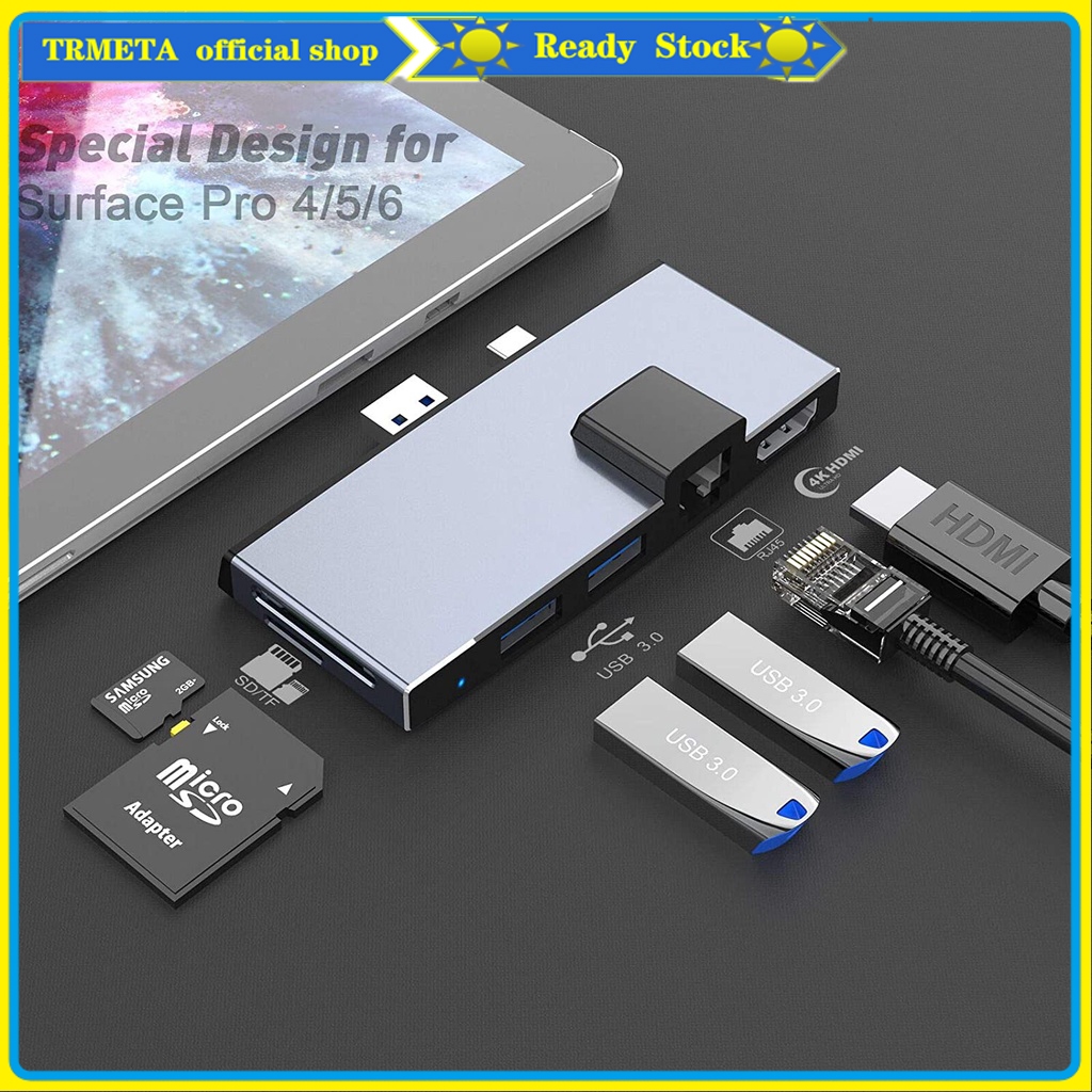 Surface Pro Dock Stand สําหรับ Surface Pro 6 /5 /4 Hub Stand พร้อมอะแดปเตอร์ 4K HDMI, 3 พอร์ต USB 3.0 พอร์ต (5Gps), เครื่องอ่านการ์ด SD / TF (Micro SD) Combo Microsoft Surface Pro Dock.