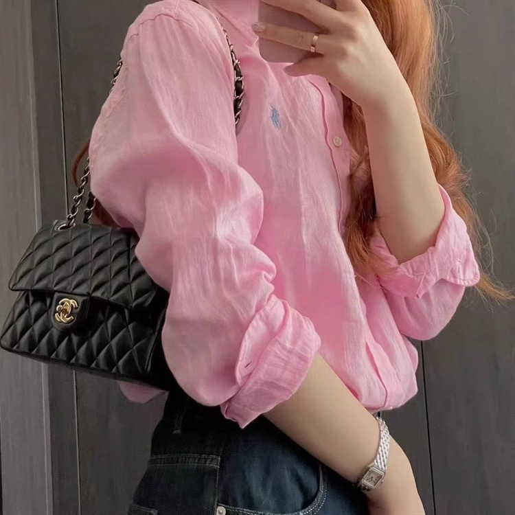เสื้อเชิ้ตสุภาพสตรีผ้าลินินเสื้อแขนยาวฤดูใบไม้ผลิฤดูร้อนธุรกิจสบายๆสีทึบกระดุมปกเอวแคบปักเสื้อ