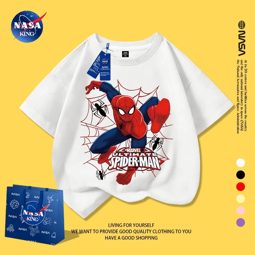 NASA เสื้อยืดเด็กผู้ชาย รุ่นปี 2025 ผ้าฝ้ายแท้ แขนสั้น ทรงหลวม สไตล์เกาหลี ลายสไปเดอร์แมนแฟชั่น