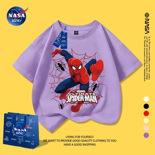 NASA เสื้อยืดเด็กผู้ชาย รุ่นปี 2025 ผ้าฝ้ายแท้ แขนสั้น ทรงหลวม สไตล์เกาหลี ลายสไปเดอร์แมนแฟชั่น