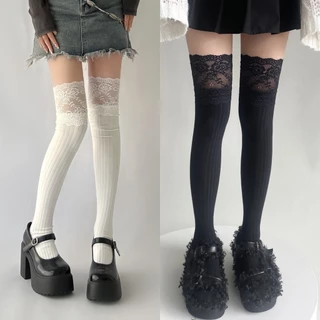 📢ส่งไวจากไทย🚀ถุงเท้ายาวเหนือเข่า jk ถุงเท้ายาวลูกไม้🧦 นุ่ม สบาย ลูกไม้ สีทึบ เนื้อผ้านุ่ม ถุงเท้าผู้หญิงสไตล์วิทยาลัย JK🌈