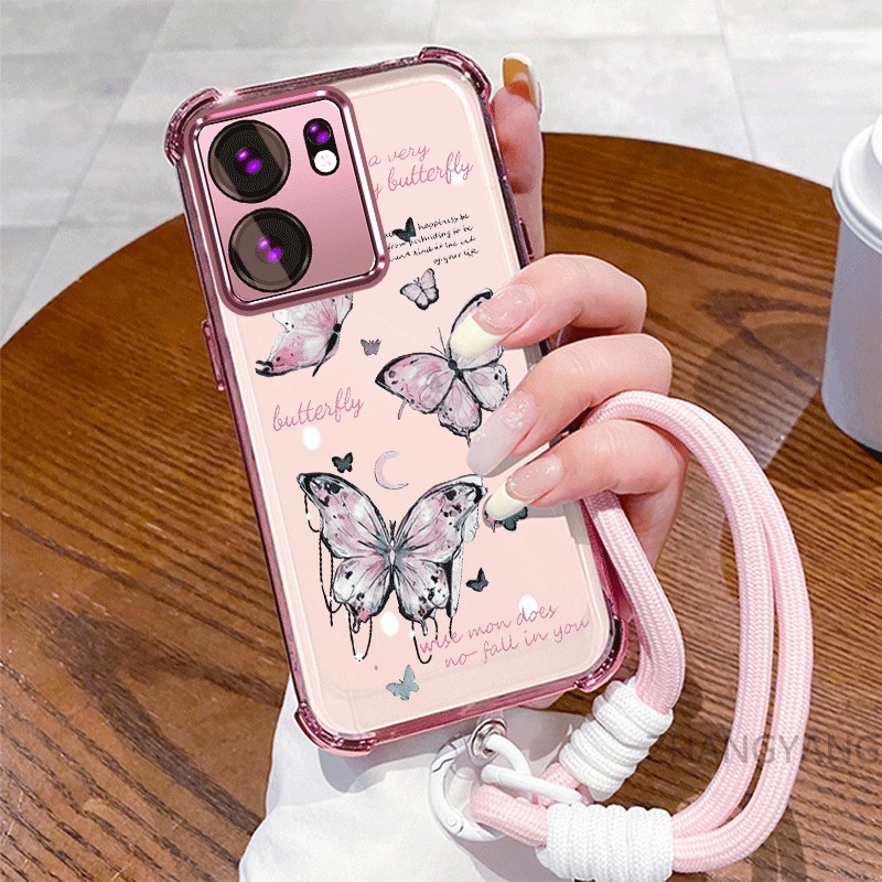 กรณีสําหรับ OPPO Reno 13F 5G เคสโทรศัพท์กันกระแทกด้วยไฟฟ้าพร้อมผีเสื้อสีชมพูใหม่ความงามออกแบบเปลือกนิ่มพร้อมโซ่ฟรี