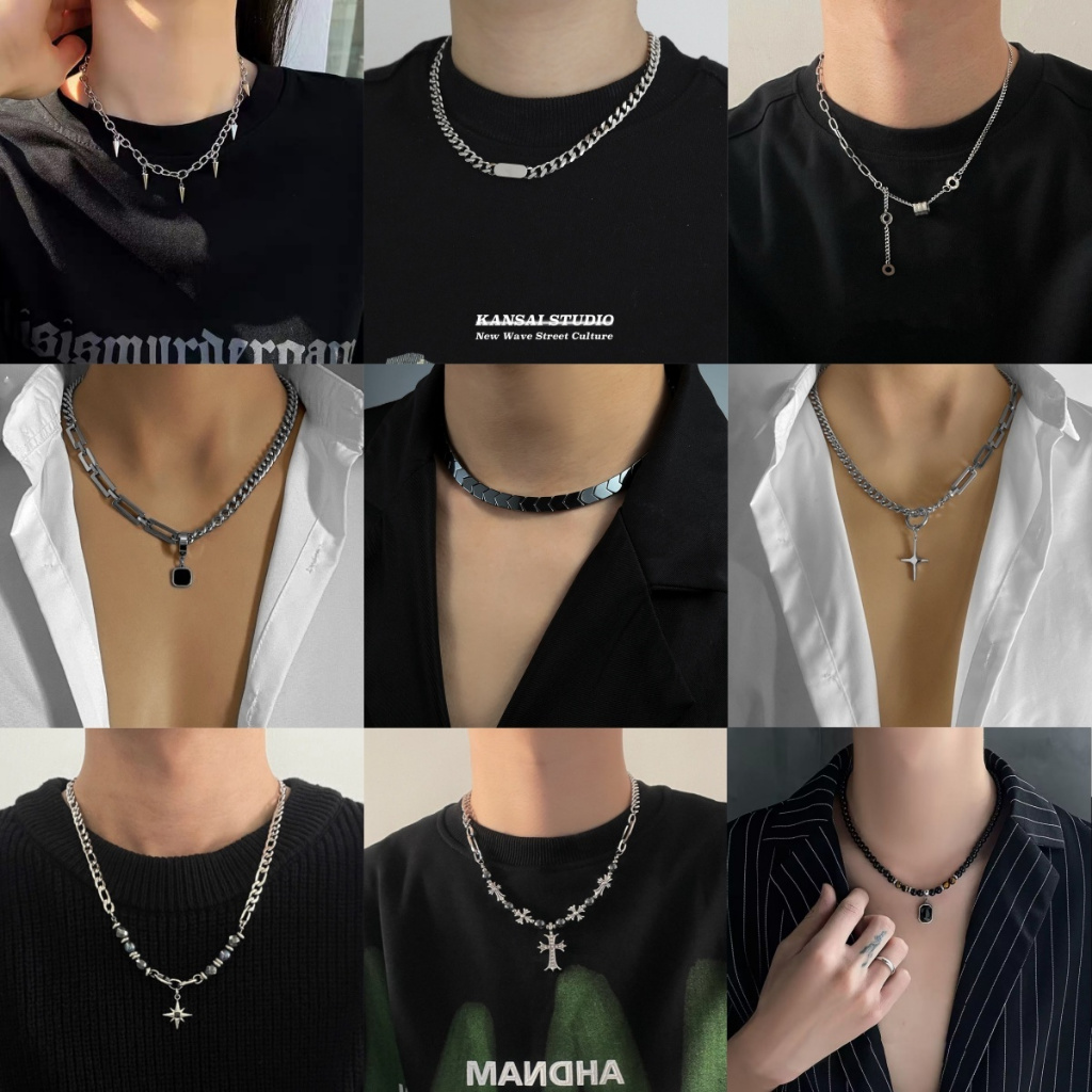 Non Tarnish สแตนเลสผู้ชายสร้อยคอ Cuba Chain Cross แหวนจี้เงินสร้อยคอยาวสําหรับชาย 001