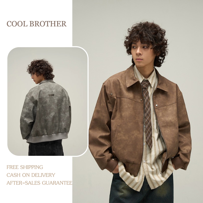 Coolbrother - เสื้อแจ็กเก็ตหนังวินเทจ สีน้ำตาล สไตล์ไบค์เกอร์ Unisex ใส่เท่ได้ทั้งชายหญิง แฟชั่นสตรีทย้อนยุค