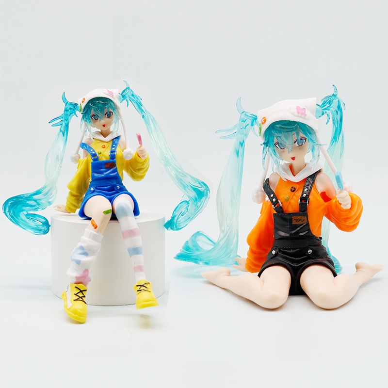 1 ชิ้น 9-14 ซม.อะนิเมะ Hatsune Miku อะนิเมะตัวอักษรสีเหลืองสีส้มชุดท่านั่ง lollipop Hatsune PVC ตัวเลขการกระทําตุ๊กตาของเล่น
