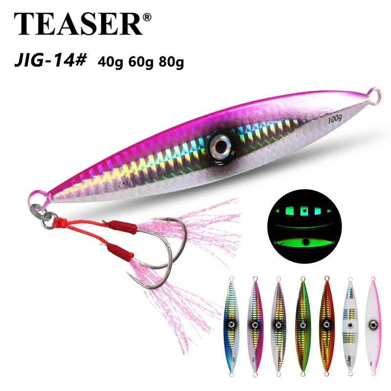 TEASER【J14】40g 60g 80g Jigging Lure ช้า Sinking Deep Sea Offshore เหยื่อตกปลา Assist Hooks โลหะ Jigs เหยื่อประดิษฐ์