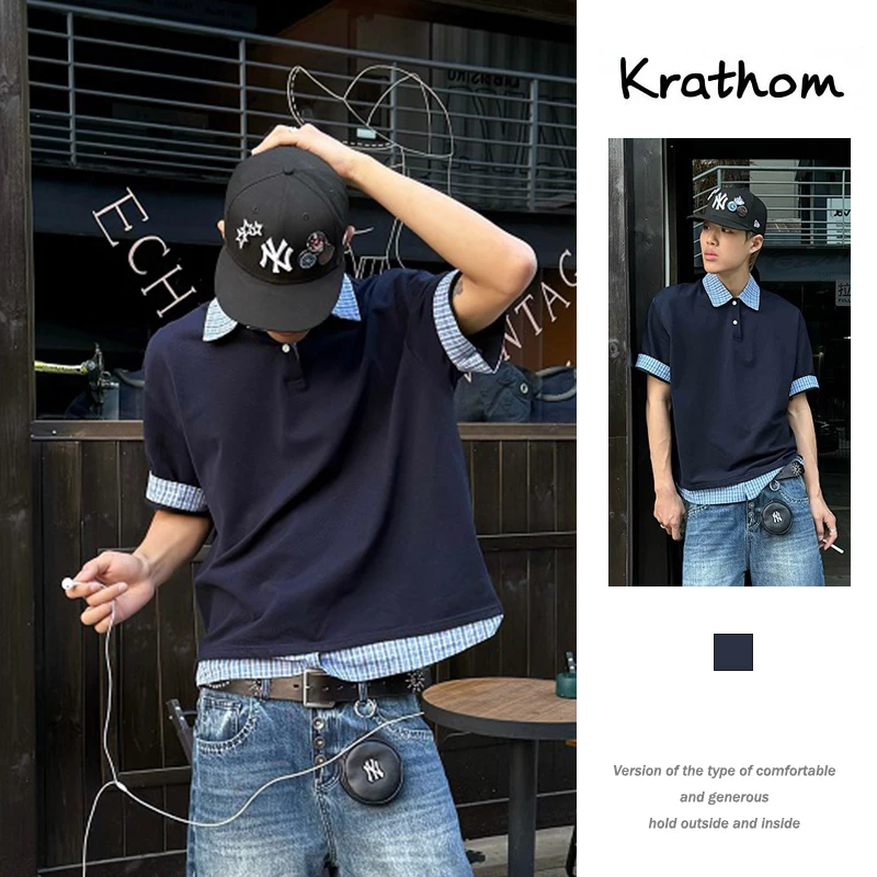 เสื้อโปโลแขนสั้นลายสก๊อตปลอม สองชิ้น ไม่จำกัดเพศ เหมาะสำหรับคู่รักวัยรุ่น
