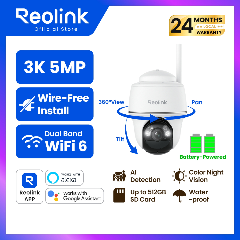REOLINK กล้องรักษาความปลอดภัยไร้สายกลางแจ้ง, Pan Tilt พลังงานแสงอาทิตย์, 5MP 2K+ สี Night Vision, 2.