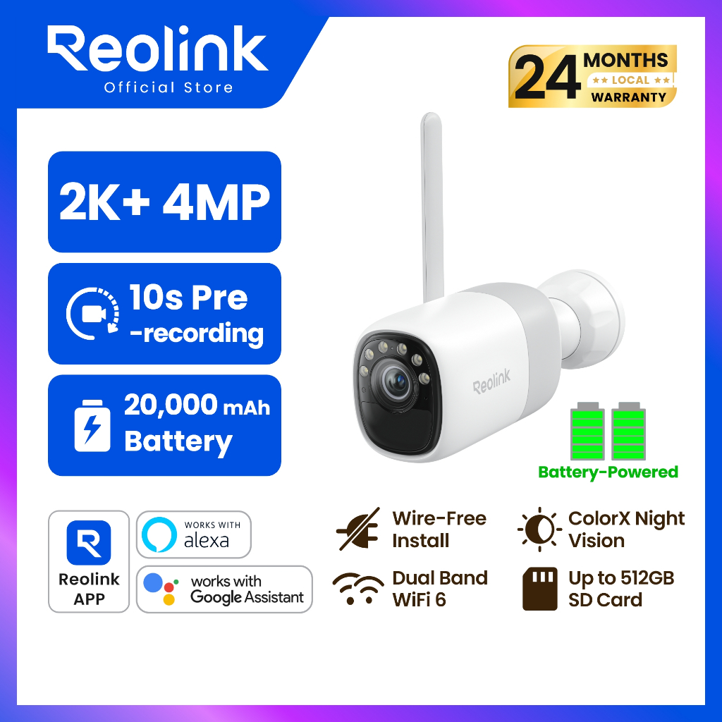 Reolink Altas กล้องแบตเตอรี่ไร้สาย 2K กันน้ำ ColorX Night Vision WiFi 6 บันทึกล่วงหน้า 10 วิ