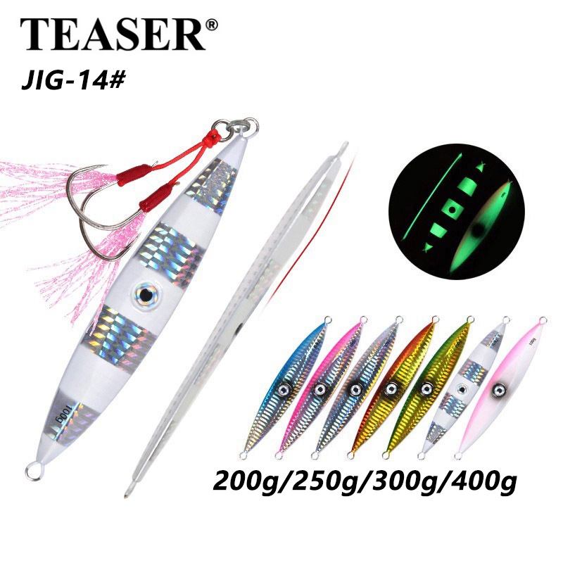 TEASER【J14】200g 250g 300g 400g โลหะ Jigs แนวตั้งช้า Pitch Sinking เหยื่อ Glow Jigging Lure ตกปลาทะเล Assist Double Hooks