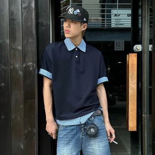 เสื้อโปโลแขนสั้นลายสก๊อตปลอม สองชิ้น ไม่จำกัดเพศ เหมาะสำหรับคู่รักวัยรุ่น