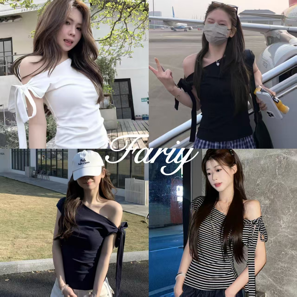 Fariy🍒คลังสินค้าพร้อม🍒 เสื้อยืดแขนสั้นผูกโบว์ไหล่เฉียงสไตล์เกาหลีสำหรับผู้หญิงในฤดูร้อนพร้อมเอวเข้ารูปและเสื้อเปิดไหล่สวยงามไม่ซ้ำใคร