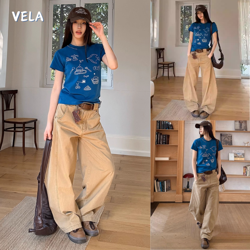 VELA-กางเกงยีนส์ผู้ชาย ลำลองสไตล์อเมริกัน ไซส์ใหญ่พอดีตัว ขาป้ายกว้าง เหมาะสำหรับฤดูใบไม้ผลิและฤดูร้