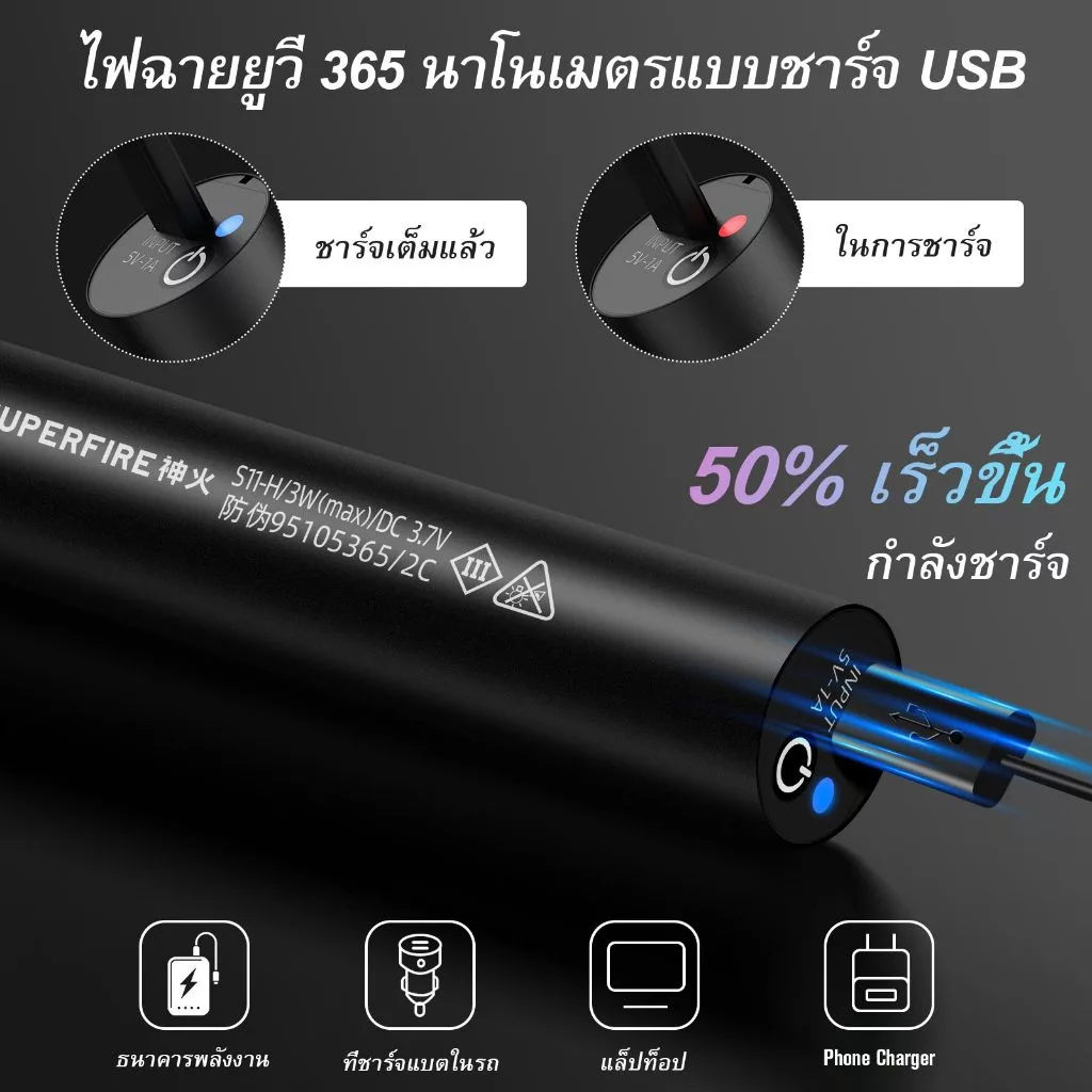SUPERFIRE S11-H ไฟฉาย LED UV 365nm แบบชาร์จไฟได้ thumbnail 4