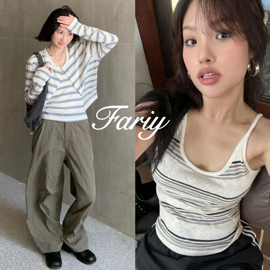 Fariy🍒คลังสินค้าพร้อม🍒 เสื้อกั๊กลายทาง เสื้อแขนยาว เสื้อคาร์ดิแกน แจ็คเก็ตสองชิ้น สไตล์เกาหลี แฟชั่นสบายๆ หลวมๆ สำหรับผู้หญิง ฤดูใบไม้ร่วง