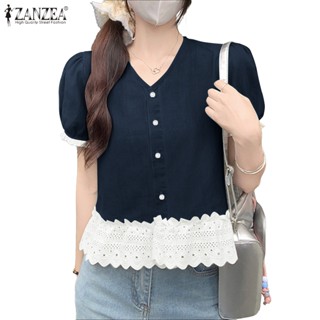 ZANZEA ใส่ ซานเซีย ผู้หญิงเกาหลีคอ โวลต์ พัฟแขนสั้นลูกไม้เย็…