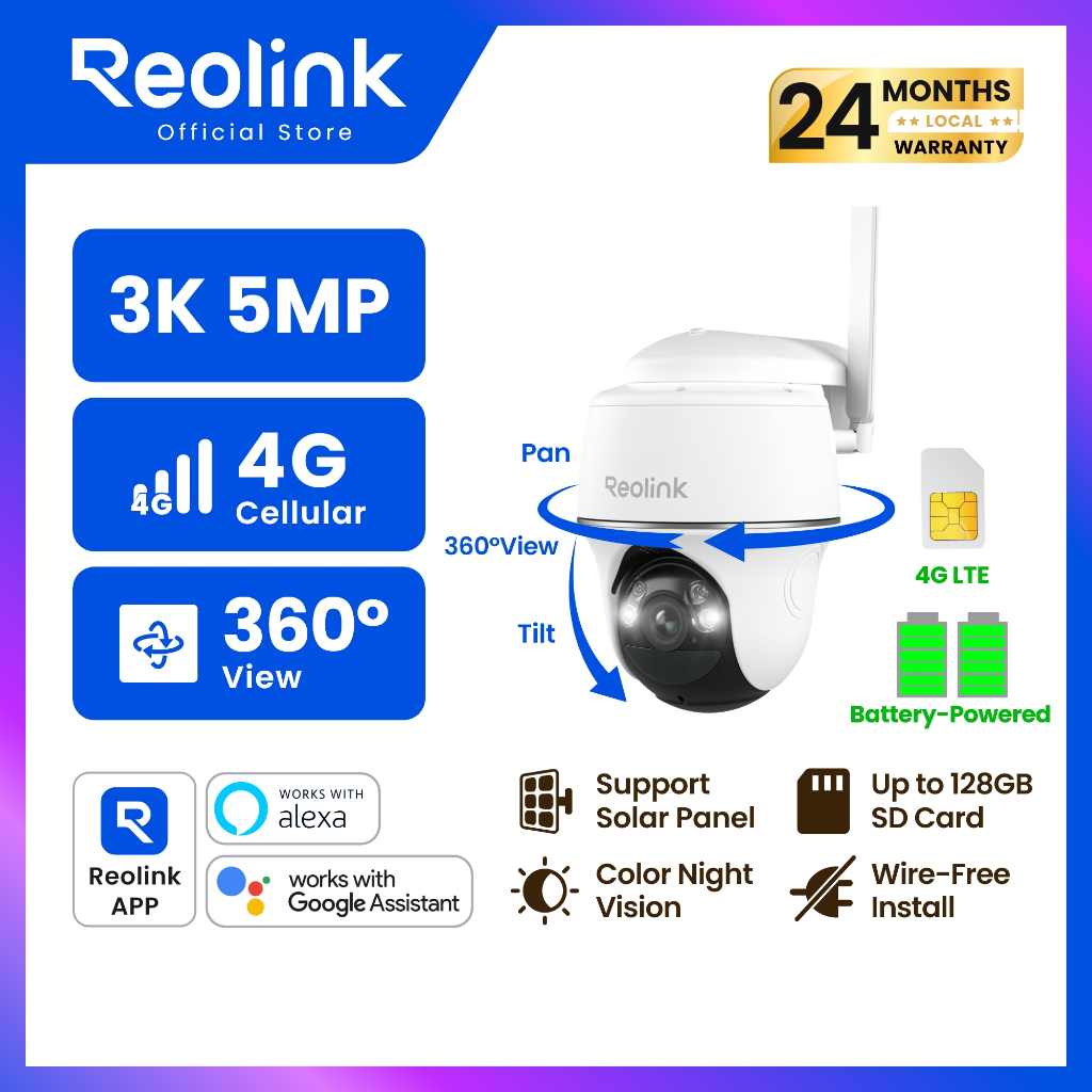 Reolink กล้อง 4G LTE หมุน 355° เอียง 140° ใช้แบตเตอรี่/โซลาร์ ตรวจจับคน/รถ/สัตว์ Go PT Plus