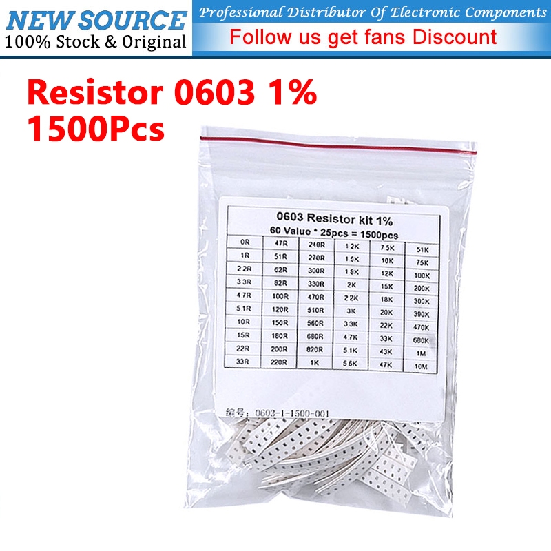 [1500 ชิ้น] 0603 ตัวต้านทาน SMD ชุดสารพัน 60 ค่าX 25 ชิ้น 1% 0R 10M 1R 1M 2.2R 47R 62R 100R 300K 470