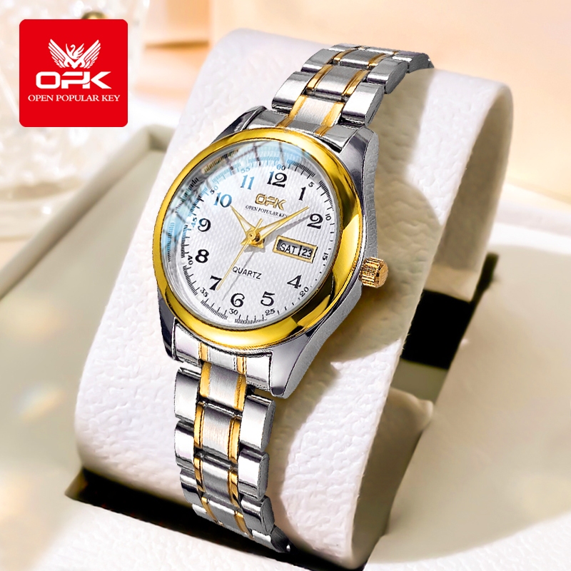 OPK นาฬิกาข้อมือผู้หญิง กันน้ำ สายสแตนเลส เข็มชี้ส่องสว่าง นาฬิกาควอตซ์ ของขวัญวันเกิดผู้หญิง - นาฬิ