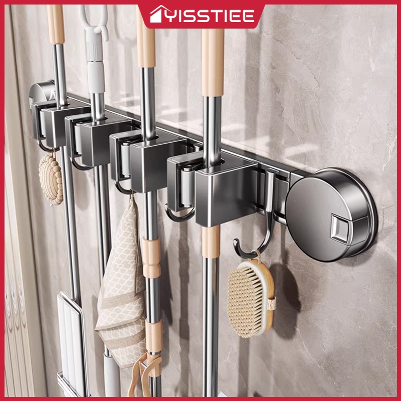 YissTiee ที่หนีบไม้กวาด, ห้องน้ำตะขอถ้วยดูด, ที่แขวนถูพื้น, ติดผนัง ที่แขวนไม้ถู, ดูดซับแรงไม่ตก