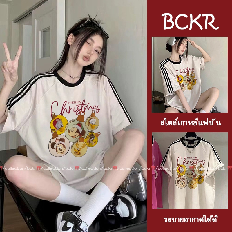 【จัดส่งตลอด 24 ชั่วโมง】BCKR🎀cotton 100% สามขีด ลวดลายการ์ตูนคริสต์มาส เสื้อผญ เสื้อ🎄ชุดหน้าร้อน oversize คอกลม เสื้YG312