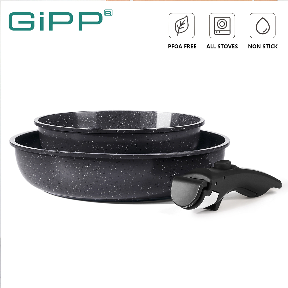 GiPP ที่จับชุดเครื่องครัวไม่ติด กระทะและกระทะเคลือบเซรามิกแบบถอดได้โดยไม่มีเตาอบ PFOA ปลอดภัย 3 ชิ้น