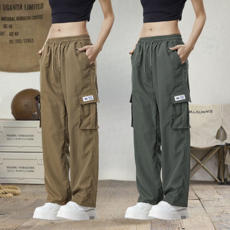 กางเกงผู้หญิงสีเขียวทหารสไตล์เกาหลี ยูนิเซ็กส์ หลายกระเป๋า เอวสูง เหมาะกับทุกฤดูกาล ชุดกีฬา