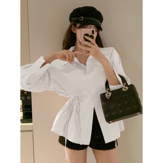 เสื้อเชิ้ตลำลองสตรี สไตล์นักธุรกิจ แขนยาว คอกลม มีสายผูกที่เอว ใส่ง่ายสำหรับทุกโอกาส