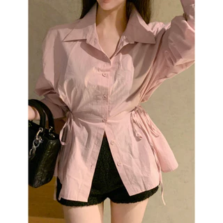 เสื้อเชิ้ตลำลองสตรี สไตล์นักธุรกิจ แขนยาว คอกลม มีสายผูกที่เอว ใส่ง่ายสำหรับทุกโอกาส