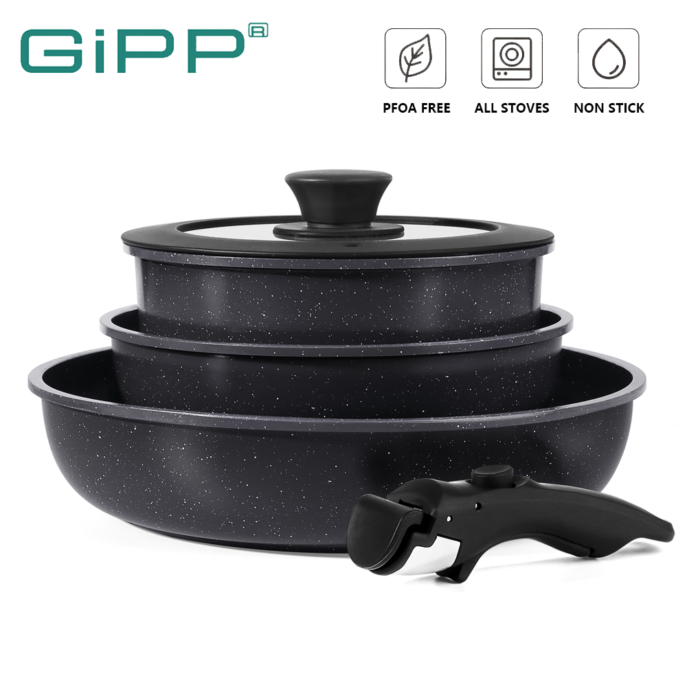 GiPP เครื่องครัวไม่ติดชุดจับกระทะเคลือบเซรามิกที่ถอดออกได้ไม่มี PFOA 5 ชิ้น
