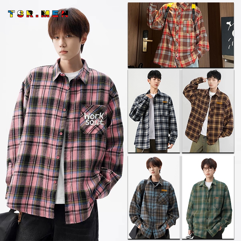 TSR.Men เสื้อเชิ้ตสก็อต แขนยาว ฤดูใบไม้ร่วง แบบบาง สไตล์ญี่ปุ่น สไตล์เรโทร อินเทรนด์ ไม่ยับง่าย คุณภาพสูง ทุกเพศใส่ได้ มีหลายสีให้เลือก
