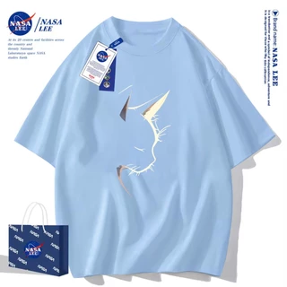 เสื้อยืดแขนสั้นผ้าฝ้ายคอตตอนลาย NASA รุ่นใหม่สำหรับฤดูร้อน 2024 แบบหลวมและระบายอากาศได้ดี