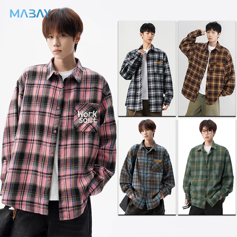Mabay เสื้อผู้ชาย สีชมพู ลายตาราง เสื้อแขนยาว ฤดูใบไม้ร่วง บาง หลวมและสบาย นุ่ม สไตล์เรโทร อินเทรนด์