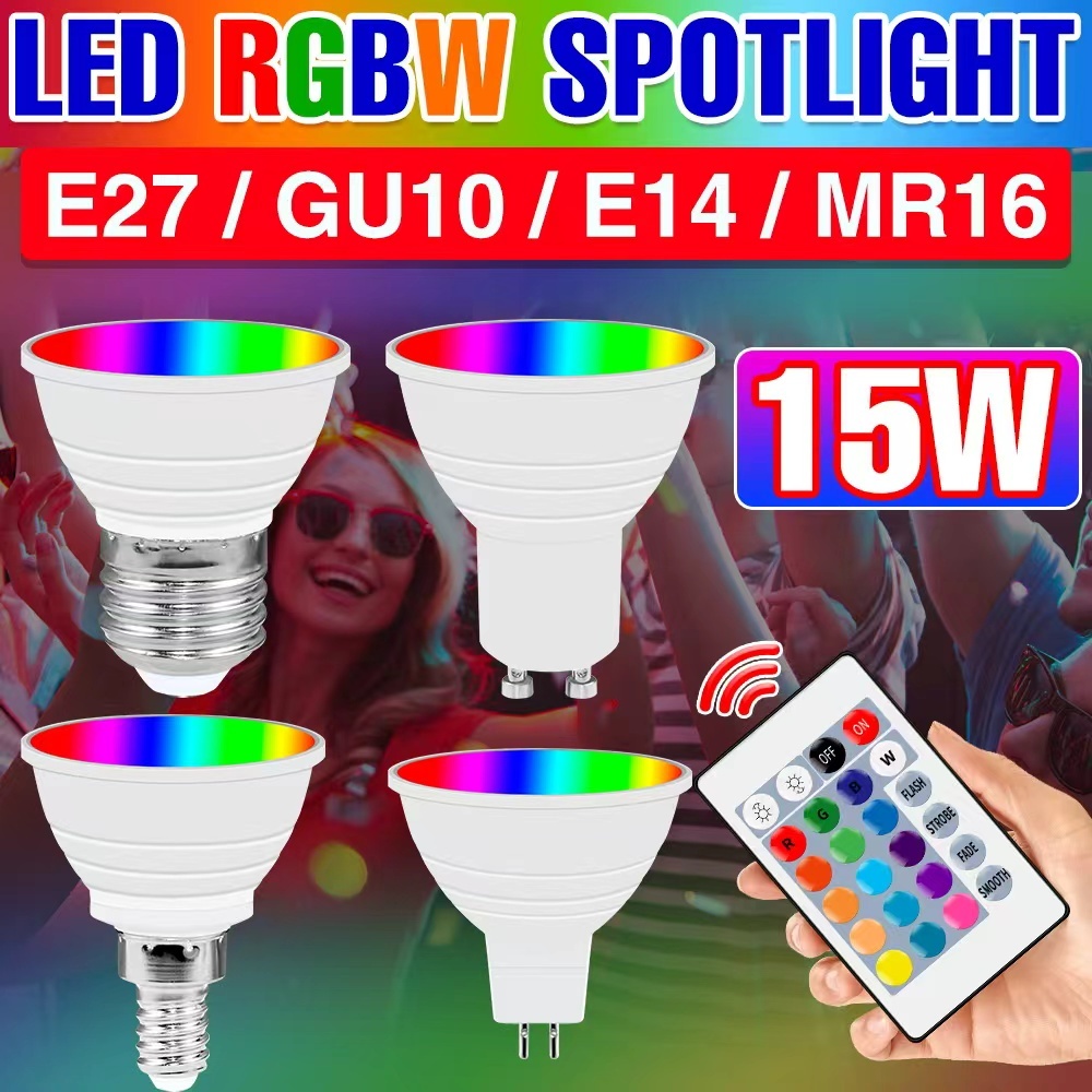 หลอดไฟ LED RGB 15W พร้อมรีโมทหลากสีเปลี่ยน 85-265V E27 ปรับความสว่างได้ GU10 แบบฝัง E14 หรี่แสงได้สีสันสดใส 4 โหมดไดนามิก 16 สี MR16 Party Bar KTV โคมไฟตกแต่ง