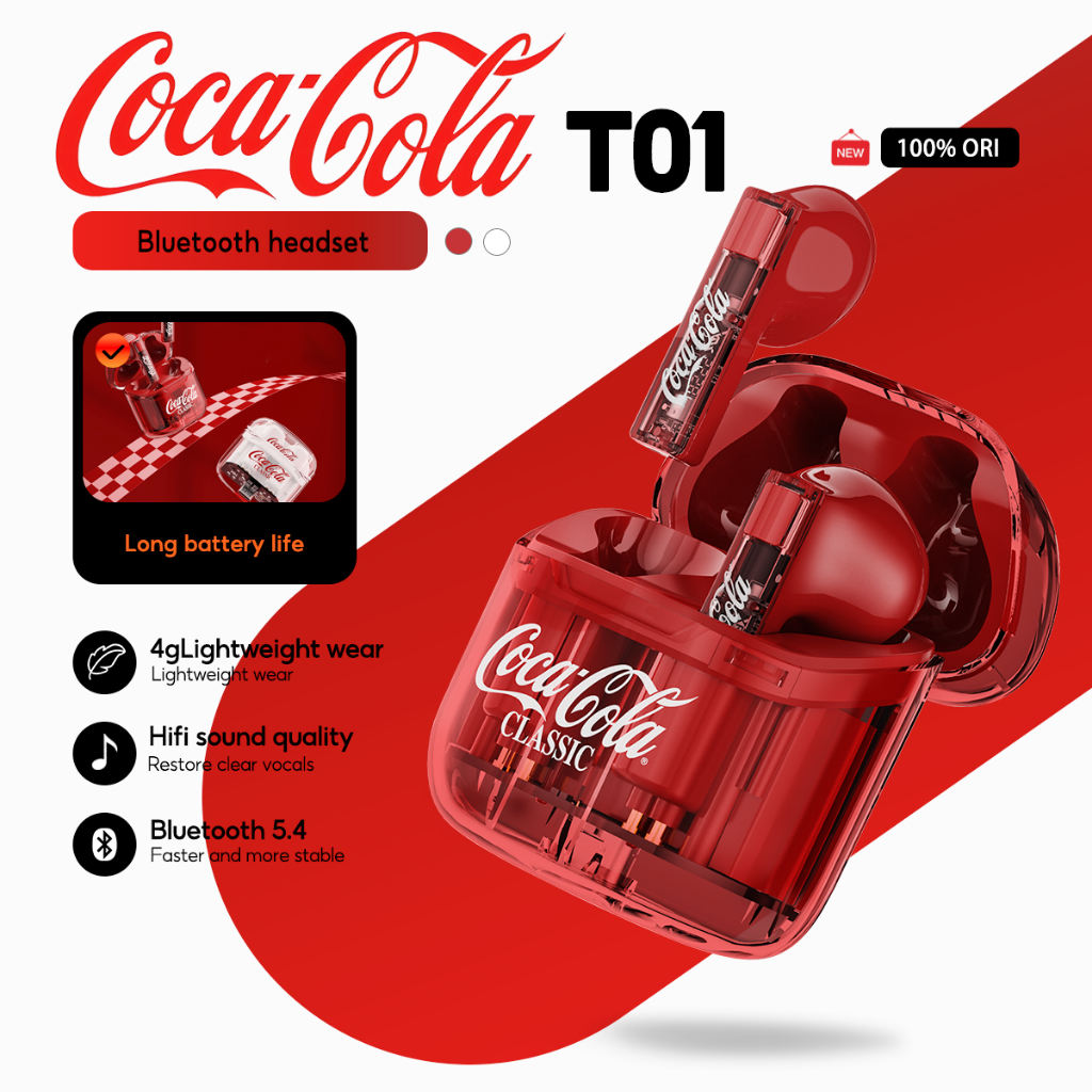 Coca-Cola Earbuds T01 หูฟัง TWS Bluetooth 5.4 Touch Control อายุการใช้งานแบตเตอรี่ยาวนานพร้อมไมโครโฟน