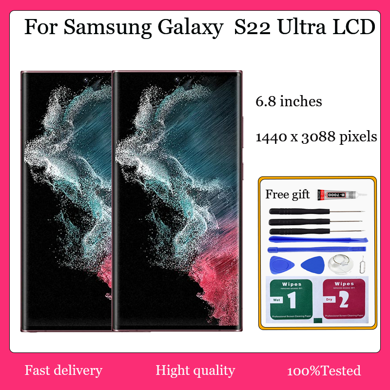 Original AMOLED สําหรับ Samsung Galaxy S22 Ultra 5G จอแสดงผล LCD หน้าจอสัมผัสพร้อมการเปลี่ยนกรอบ