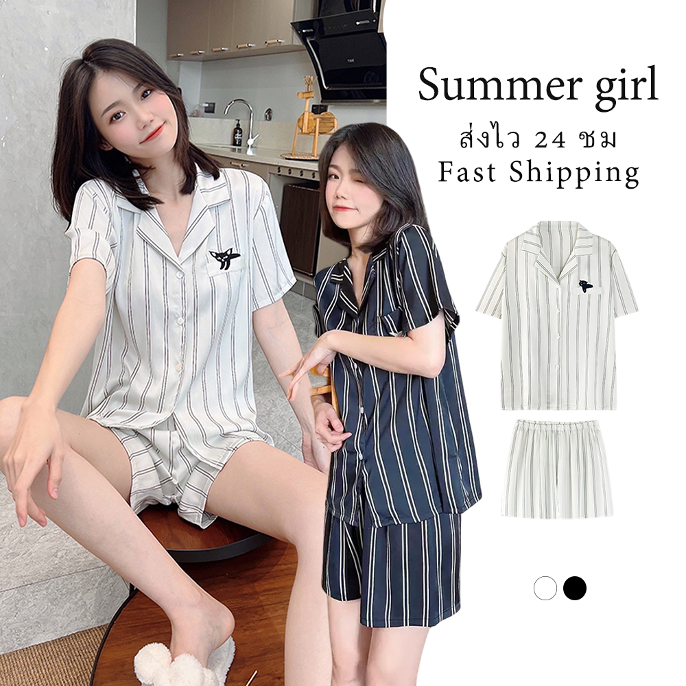 🤍🖤 ส่งไว 12 ชม✨ ชุดนอนซาตินพรีเมียม คู่รัก ขาสั้น+เสื้อ ลายทาง+การ์ตูน ใส่สบาย สไตล์ญี่ปุ่นเกาหลี