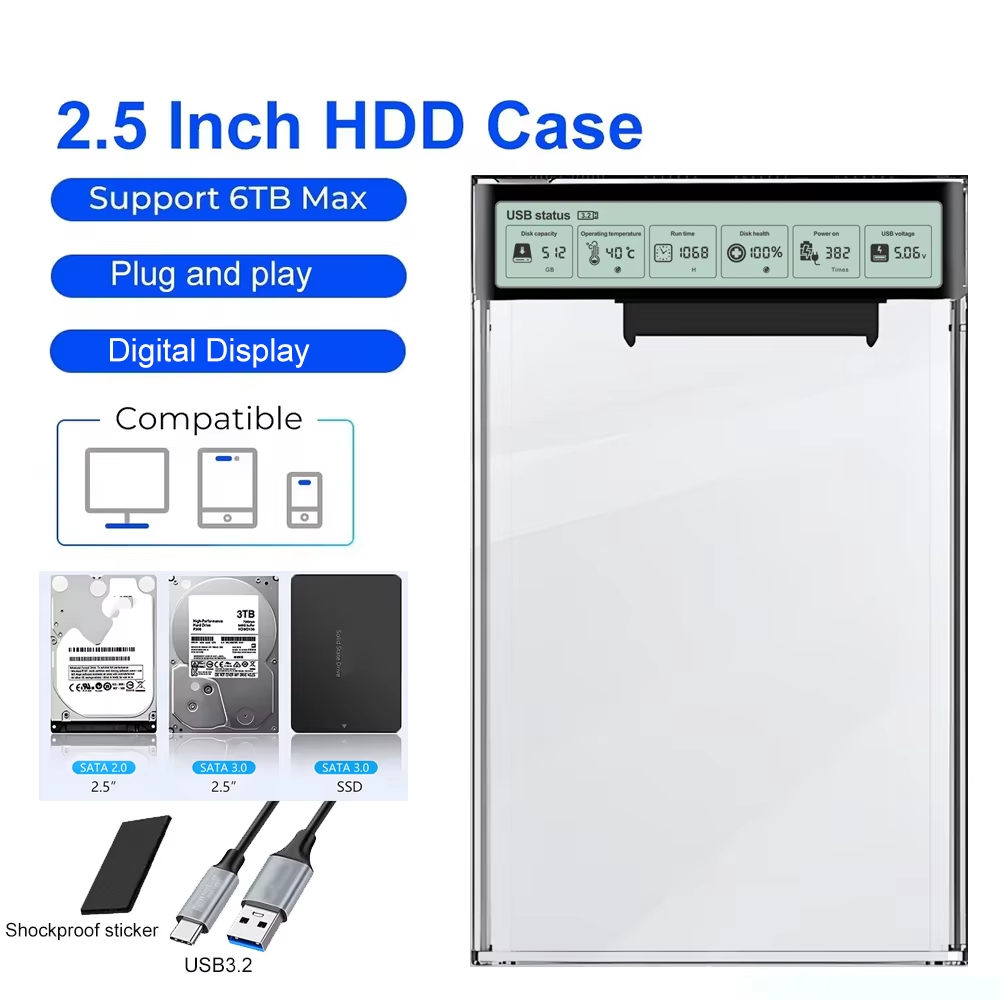 USB3.2 ภายนอก HDD Case 2.5 นิ้วโปร่งใส HDD Enclosure พร้อมหน้าจอแสดงผล 5Gbps USB ถึง Type-C HDD SSD สําหรับแล็ปท็อปพีซี