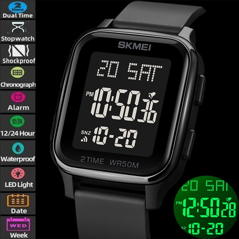 Skmei นาฬิกาข้อมือดิจิทัล มีไฟ LED 5 บาร์ นับถอยหลัง กันน้ํา แสดงปฏิทิน อิเล็กทรอนิกส์ แฟชั่นสําหรับผู้ชาย และผู้หญิง