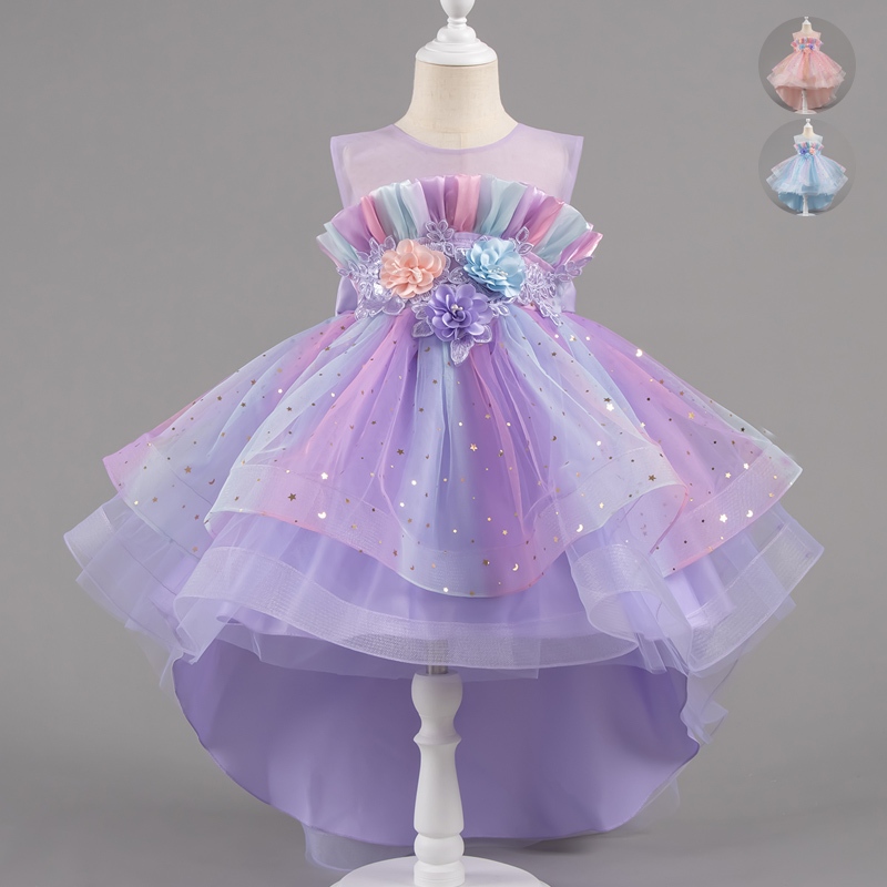 สาวเจ้าหญิงชุดสีม่วง Rainbow Trailing ลูกไม้ชุดดอกไม้สําหรับเด็กวันเกิด Christmas Party ชุดสีชมพู